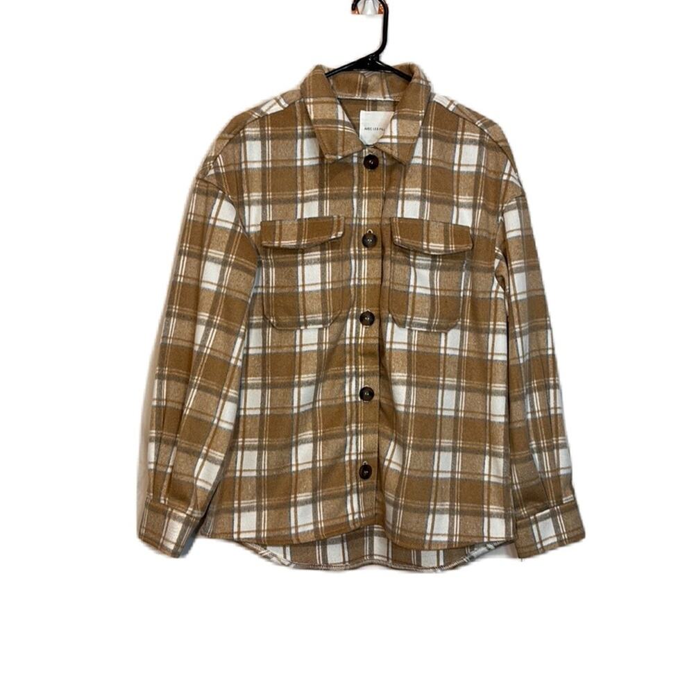 Avec Les Filles Anthropologie Lightweight Plaid Shacket Camel-Oat-Blue Size M